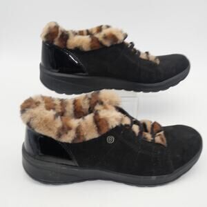 NEW BZees Golden Fur Trim Slip On Shooties Booties Black Leopard Women's 8.5